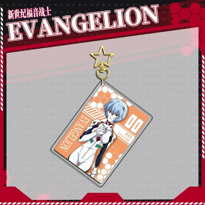 Diamond-shaped evangelion eva acrylic keychain featuring rei ayanami illustration with orange hex background and gold star clasp flashing pin