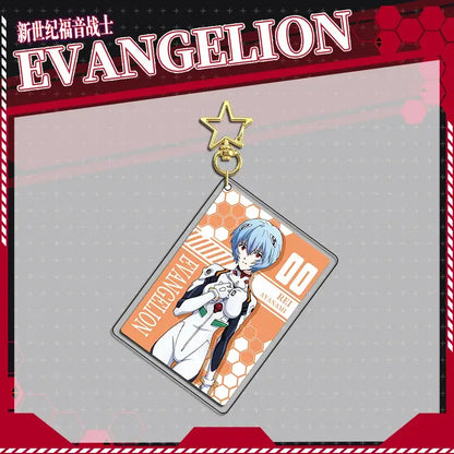 Diamond-shaped evangelion eva acrylic keychain featuring rei ayanami illustration with orange hex background and gold star clasp flashing pin