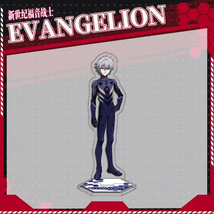 A sleek dark blue evangelion eva acrylic stand with silver hair and red chest accents flashing pin design