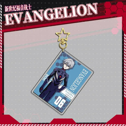 Translucent blue acrylic stand keychain featuring nagisa kaworu from evangelion with number 06 and flashing pin design