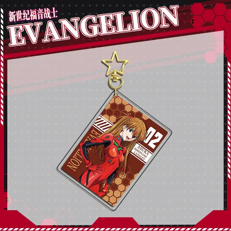 Red and black evangelion eva acrylic flashing pin keychain featuring asuka langley soryu in iconic suit with gold star top