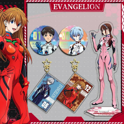 Pink evangelion eva acrylic stand with black and blue accents featuring double-sided flashing pin design