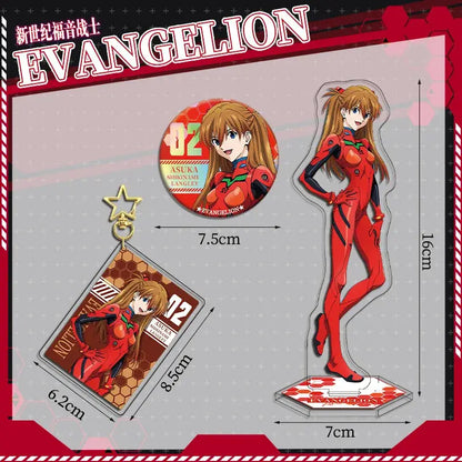Red and black evangelion eva acrylic stand featuring pilot asuka langley with a hexagonal base and flashing pin