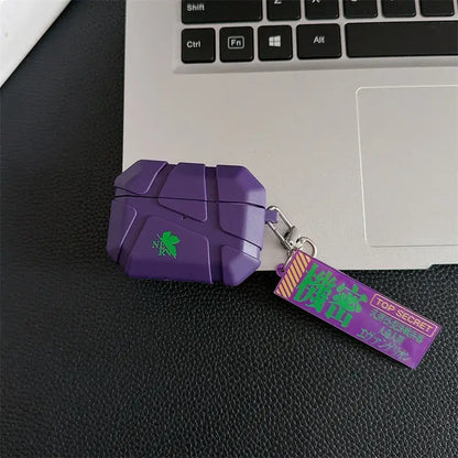 Purple silicone evangelion eva airpods case with green nerv logo and top secret keychain tag geometric design