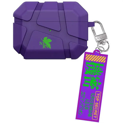 Purple silicone evangelion eva airpods case with armored design green nerv logo and matching keychain tag with japanese text
