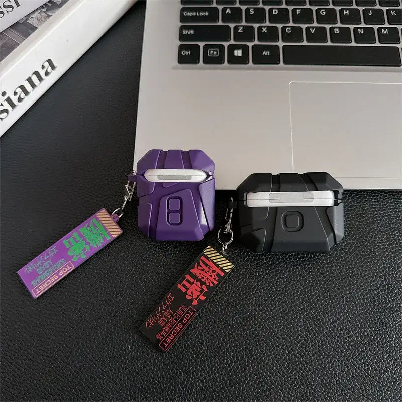Purple and black rugged silicone evangelion eva airpods case with matching top secret keychain tags for eva airpods case