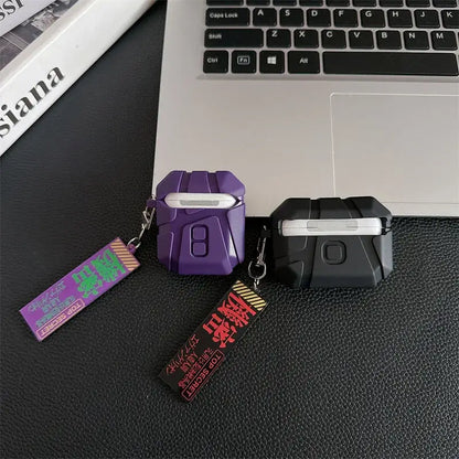 Purple and black rugged silicone evangelion eva airpods case with matching top secret keychain tags for eva airpods case
