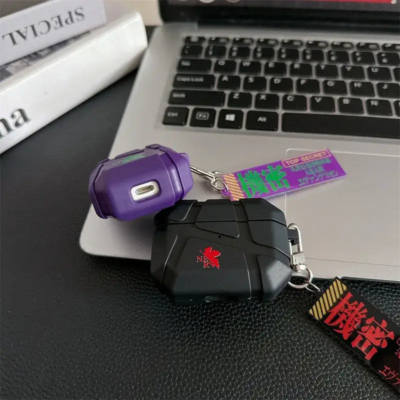 Purple and black silicone evangelion eva airpods case with tactical style and anime keychain tags for eva airpods