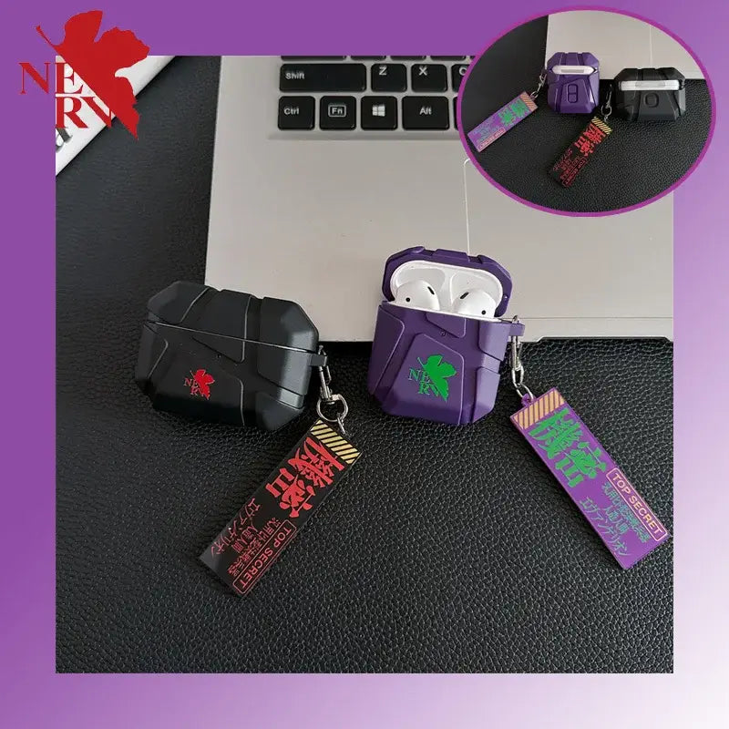 Purple and black silicone evangelion eva airpods case with green logo and keychain tag in eva unit 02 design