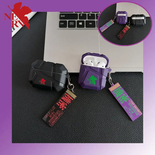 Purple and black silicone evangelion eva airpods case with green logo and keychain tag in eva unit 02 design