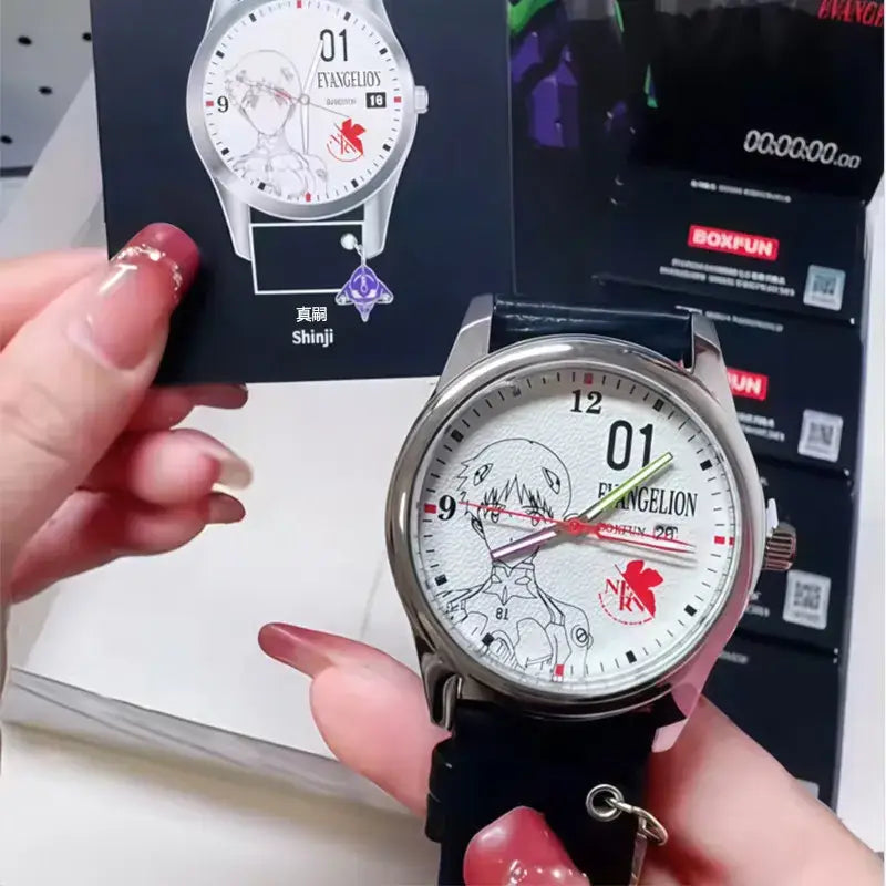 Silver-faced watch with black strap featuring evangelion character design from evangelion eva blind box collectible toy