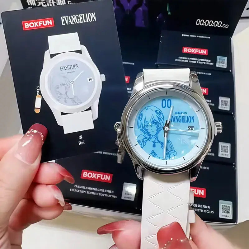 White leather strap watch with light blue anime dial and silver case from evangelion eva blind box collectible toy