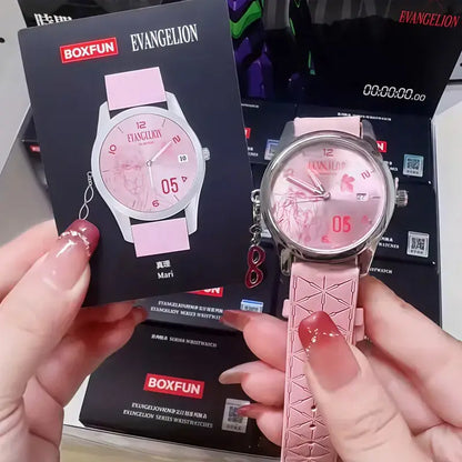 Pink silicone strap watch with silver case and pink dial featuring evangelion character mari illustrious for eva blind box collectibles