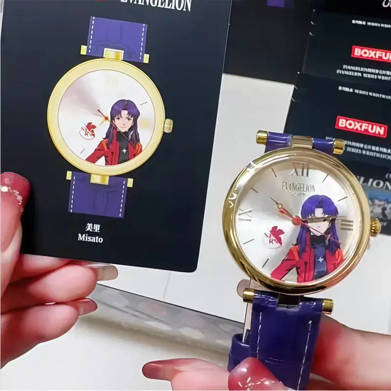 A gold-toned evangelion eva blind box watch with a white face featuring misato and a vibrant purple strap