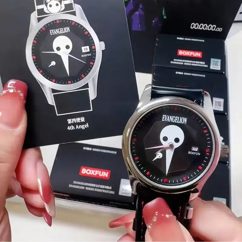 Black dial watch with silver case black strap and white skull design inspired by evangelion eva blind box collectible
