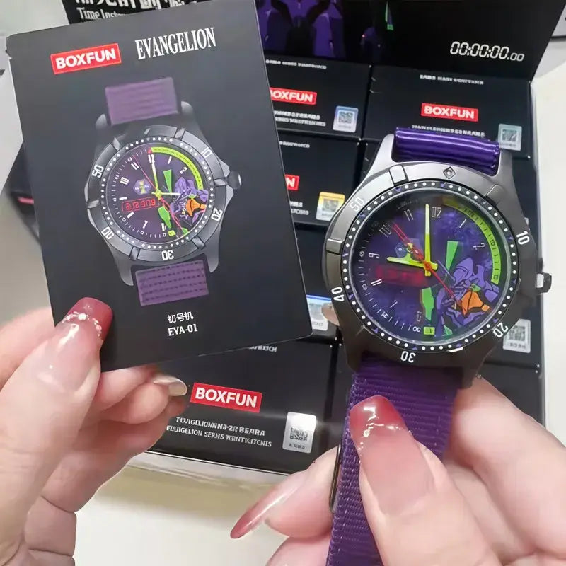 Evangelion eva blind box watch with purple strap, dark metallic case, and vibrant eva-01 dial design for collectors