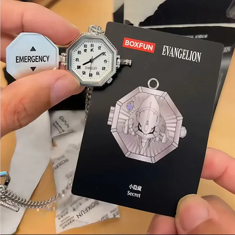 Silver octagonal pocket watch with white face and chinese characters featured in evangelion eva blind box collectible toy