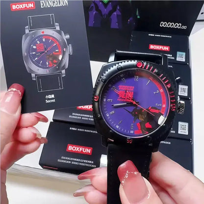 Black watch with purple and red evangelion character dial in black case with red bezel accents for eva blind box fans