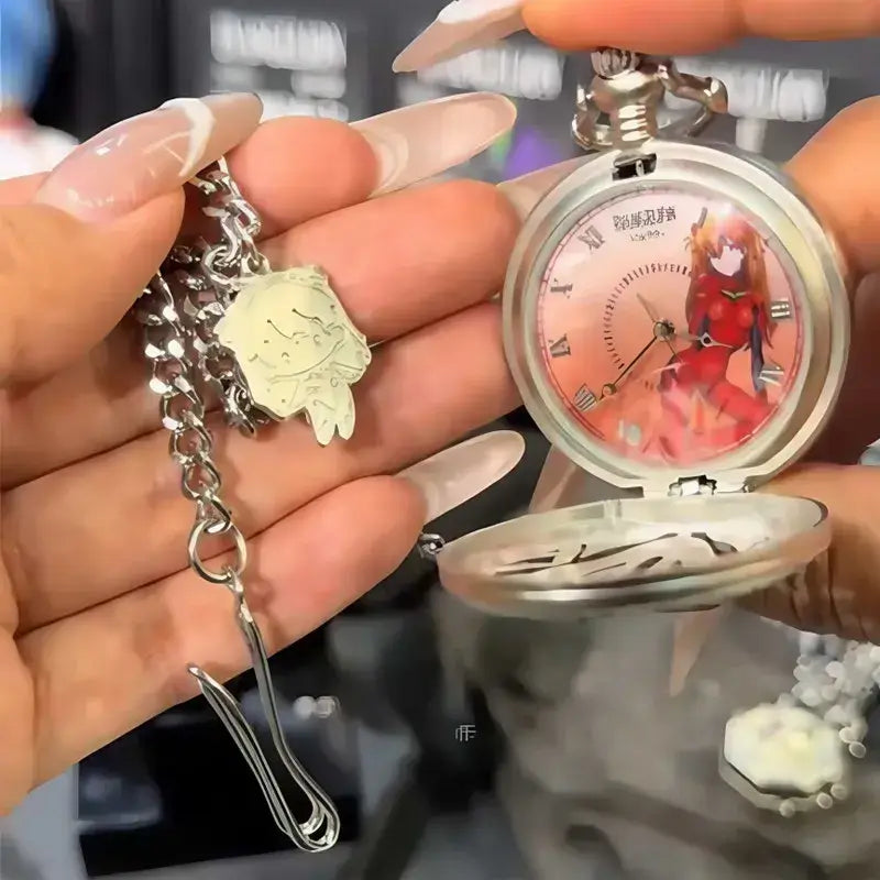 Silver pocket watch with evangelion eva blind anime character design and matching chain charm from blind box toy