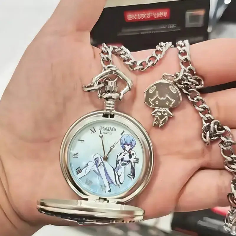 Silver-toned pocket watch with evangelion eva blind box anime dial and roman numerals on matching chain collectible toy