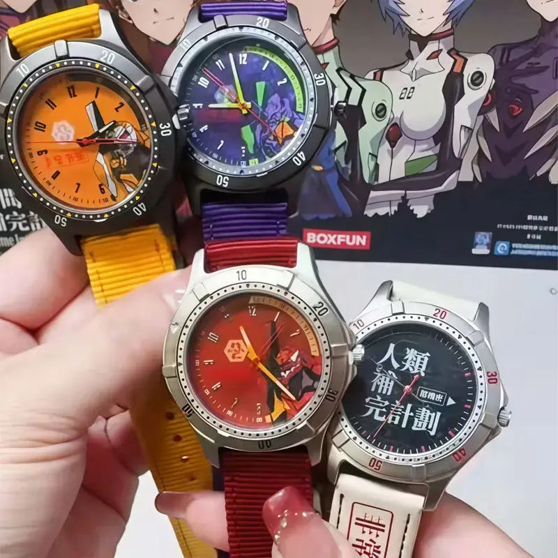 Four anime-themed evangelion eva blind box watches with colorful character faces and matching yellow purple red white straps