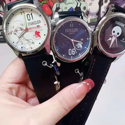 Three evangelion eva blind box watches with black leather straps and silver cases featuring anime and skull dials