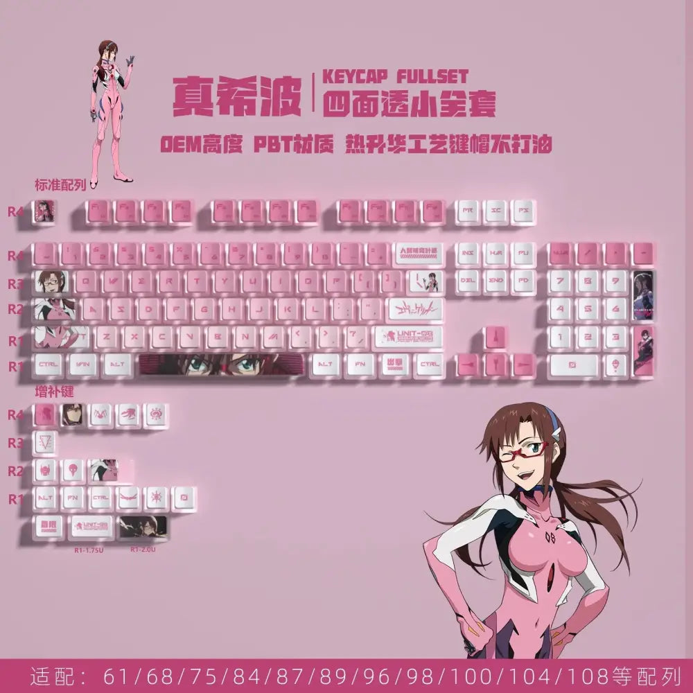 Pink and white transparent pbt crystal evangelion eva keycap with anime designs oem height heat-pressed printing