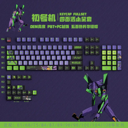 Evangelion eva keycap featuring purple and green translucent anime designs made from transparent pbt crystal materials