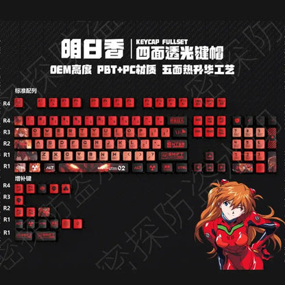 Evangelion eva keycap set with red translucent keycaps featuring fiery orange black designs and transparent pbt crystal material