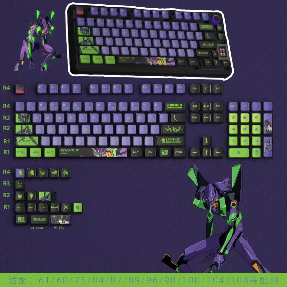 Purple and green evangelion eva keycap mechanical keyboard with transparent pbt crystal custom anime design keycaps
