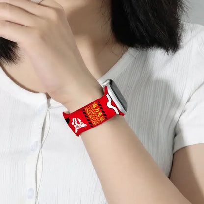 Red evangelion eva silicone apple watch band with white graphic black hazard stripes and chinese english text for 44-49mm