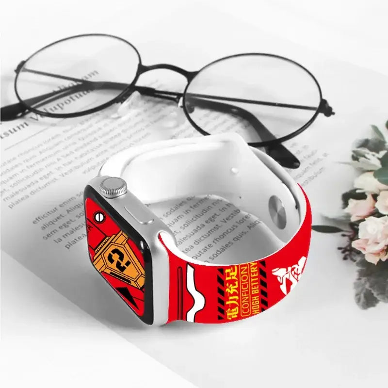Red and white evangelion eva silicone apple watch band with bold graphic design and japanese text for 44-49mm models