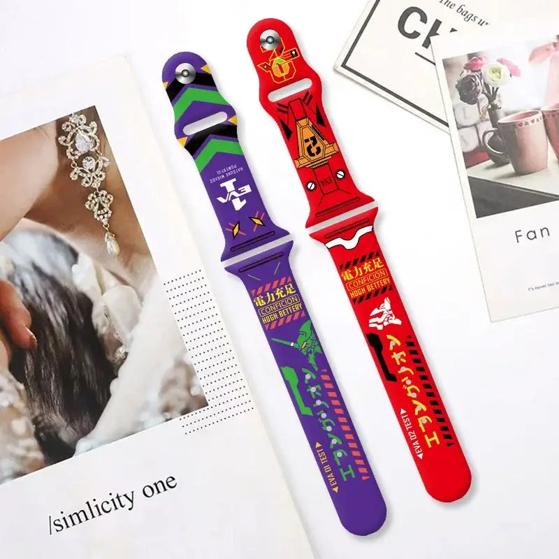 Two colorful red and purple evangelion eva silicone apple watch bands with anime designs and chinese text for 44-49mm
