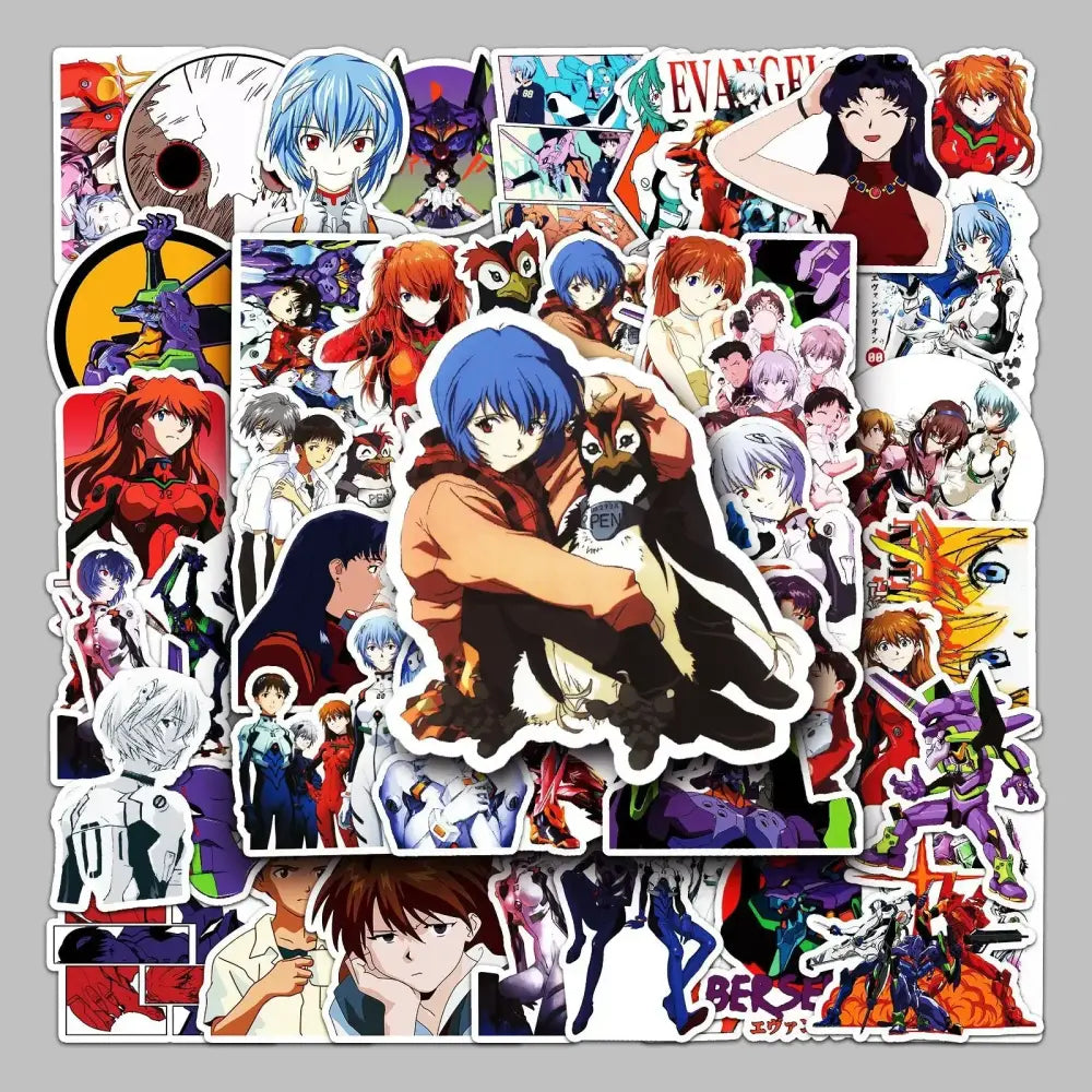 A vibrant evangelion graffiti sticker set featuring 50pcs of bold, detailed anime evangelion graffiti decals