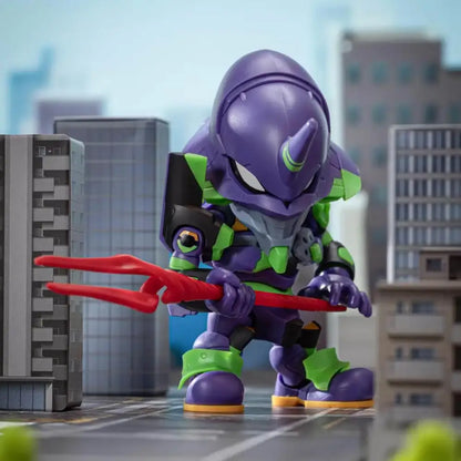 Purple and green chibi-style evangelion figure holding red weapon from human instrumentality q version blind box assembly model kit