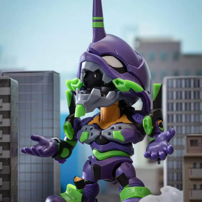 Purple and green evangelion unit-01 chibi action figure with black armor and orange underbelly in blind box assembly model kit