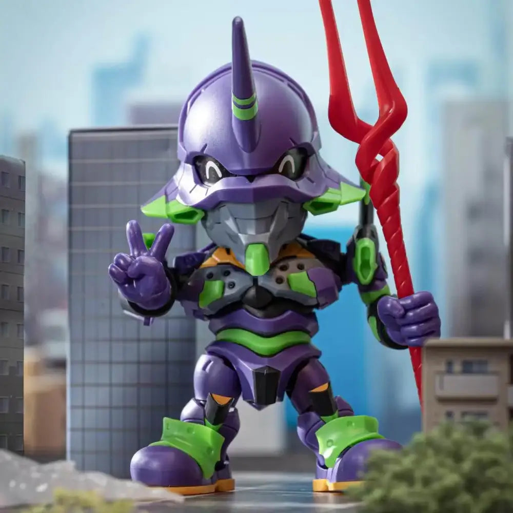 Purple and green evangelion unit-01 action figure with red trident posed playfully from evangelion human instrumentality q blind box assembly model kit