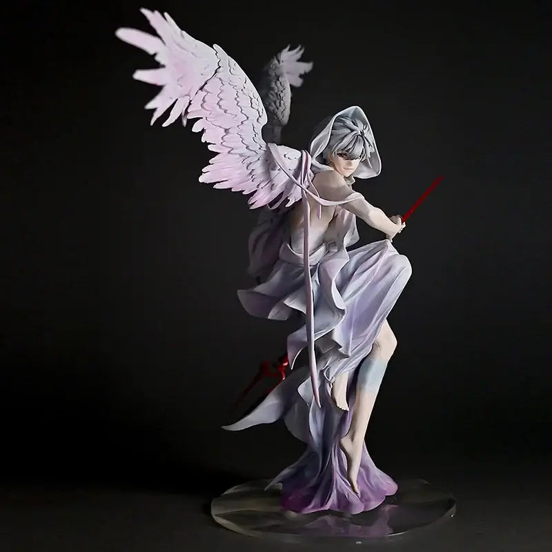 Detailed nagisa kaworu pvc statue featuring an angelic figure with lavender white robes and translucent wings in 28cm scale