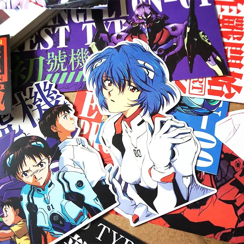 Blue-haired anime character sticker with white and red uniform from evangelion neon genesis sticker set 20-piece decals