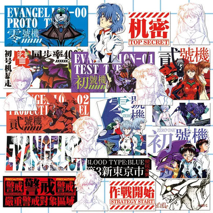 A colorful evangelion neon genesis sticker set featuring 20 anime-themed decals with characters and text designs