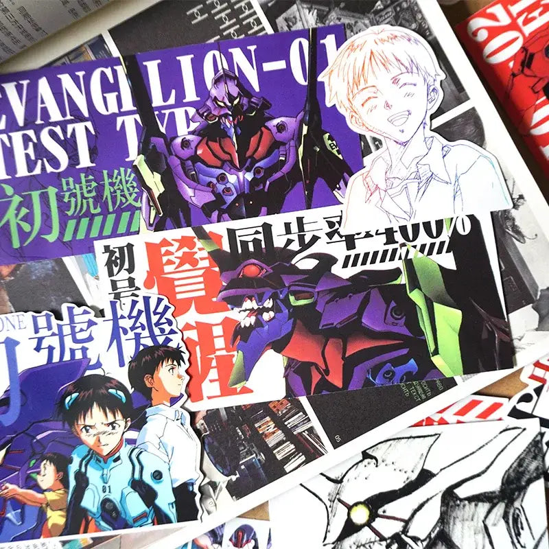 Vibrant purple and red evangelion neon genesis sticker set featuring anime characters and mecha designs with 20-piece decals