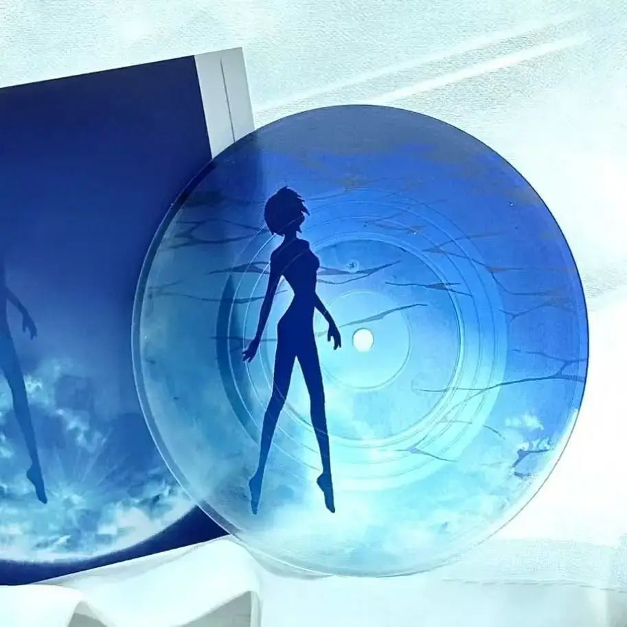Evangelion rei acrylic coaster is a translucent blue vinyl desktop decor featuring a silhouette of an anime figure