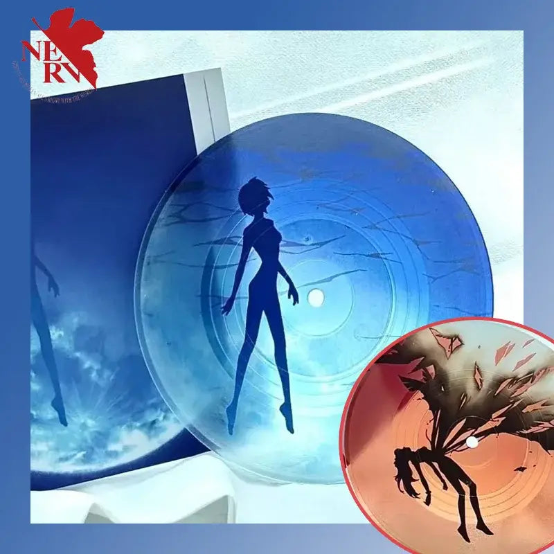 Blue translucent vinyl evangelion rei acrylic coaster with anime silhouette for desktop decor against gradient blue background