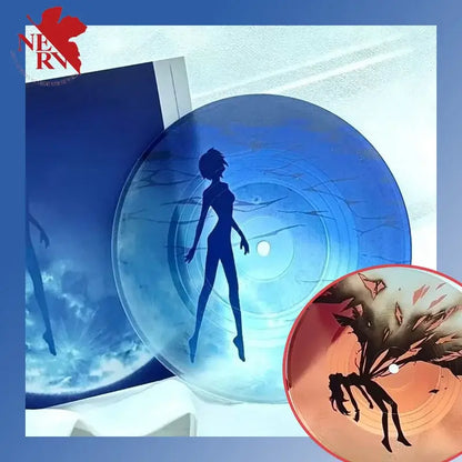 Blue translucent vinyl evangelion rei acrylic coaster with anime silhouette for desktop decor against gradient blue background