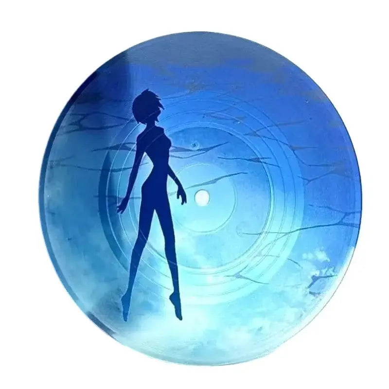 Evangelion rei acrylic coaster is a translucent blue vinyl style desktop decor featuring a stylized rei silhouette