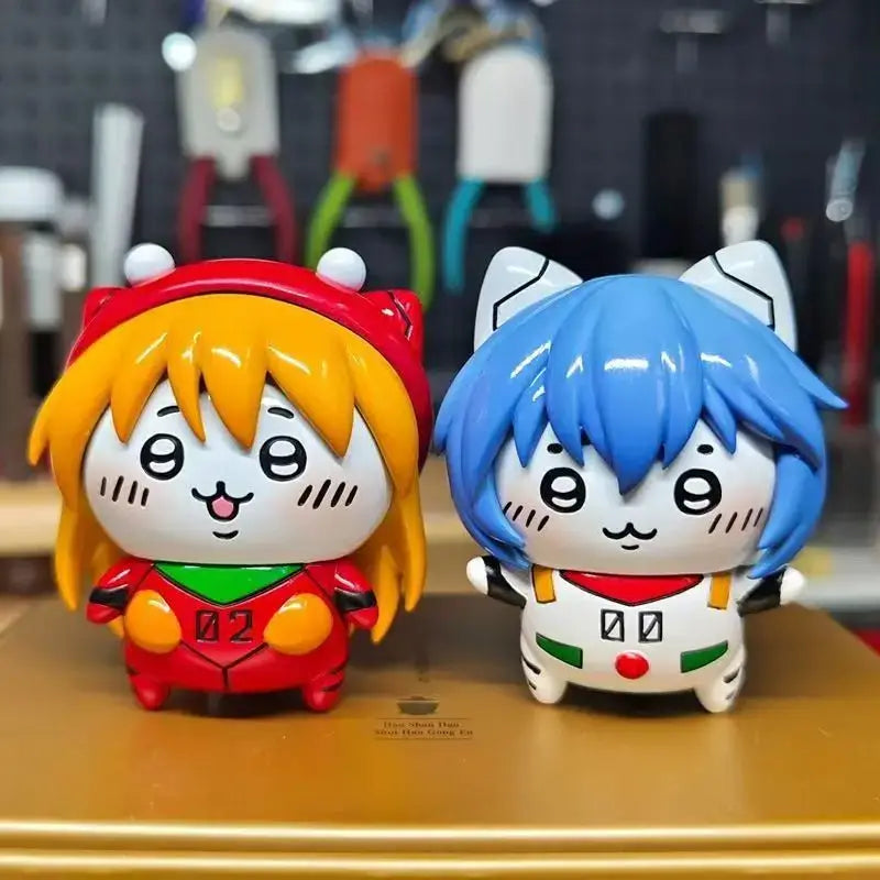 Two adorable chibi-style asuka pvc figure and rei pvc figure desktop ornament with glossy plastic finish