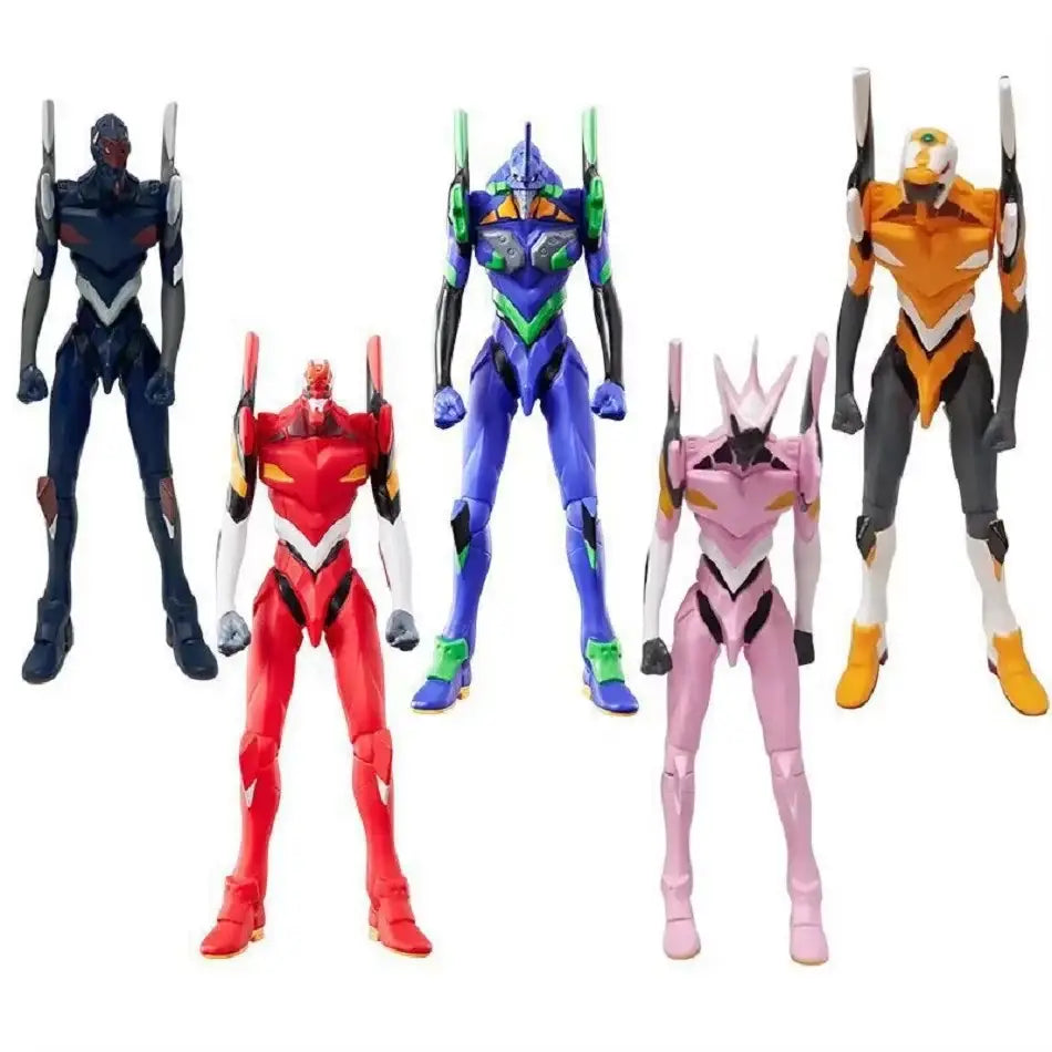 Evangelion rei ayanami action figure set featuring five colorful joint-mobility units in red blue pink orange and gray