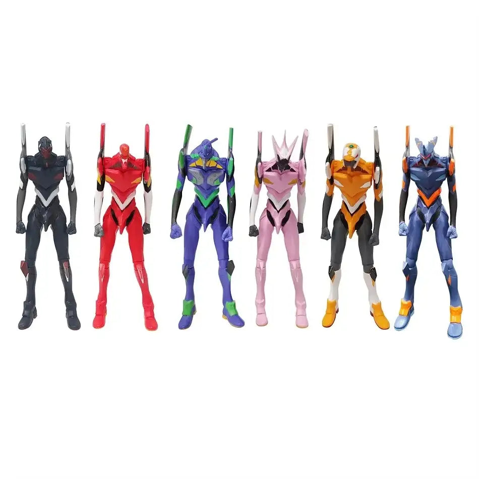 Six colorful plastic evangelion unit action figures with vibrant colors and detailed armor featuring rei ayanami design
