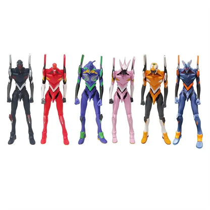 Six colorful plastic evangelion unit action figures with vibrant colors and detailed armor featuring rei ayanami design