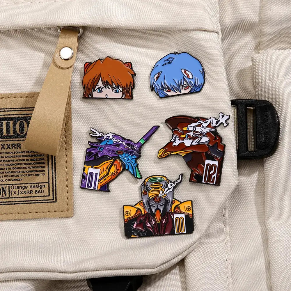 Set of five colorful rei ayanami enamel pins featuring evangelion characters and mecha in a kawaii pin set